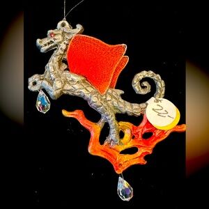 Fantasy Dragon Christmas Ornament with Net Wings, Rhinestone Eyes and Crystals